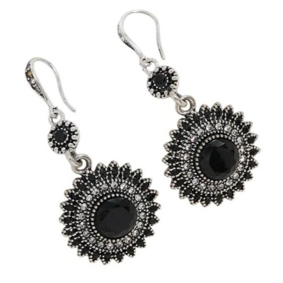 2/$24 Black Crystal Sunflower Dangle Earrings With Silver-Tone Detailing For Wom - Picture 4 of 8